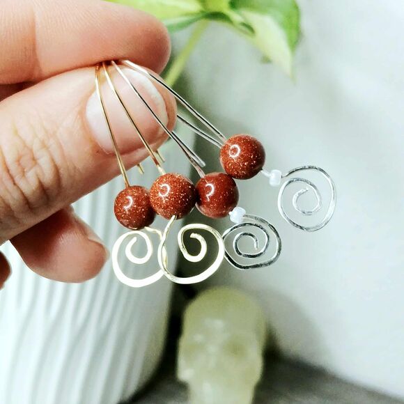 Hammered Goldstone Beaded Dangle Earrings, Gold or Silver, 1.5" - Picture 6 of 6